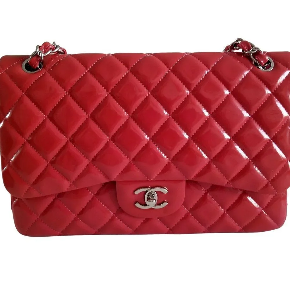 Authentic Chanel Red Patent Leather Jumbo Classic Double Flap Chain Shoulderbag